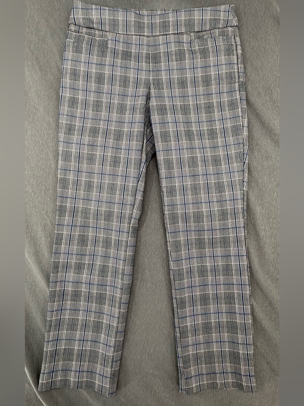 Kim Rogers Women's Pull on Dress Pants Size 6 Petite Short Gray Blue Plaid EUC